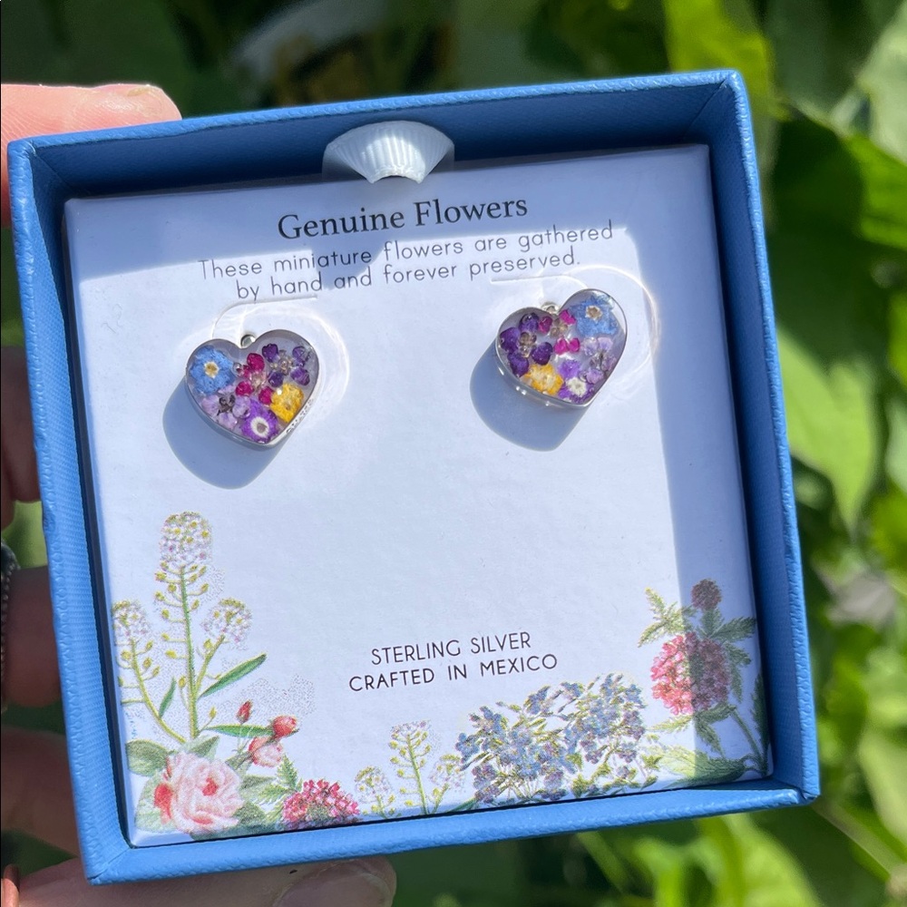 Sterling Silver Heart Earrings w Dried Flowers